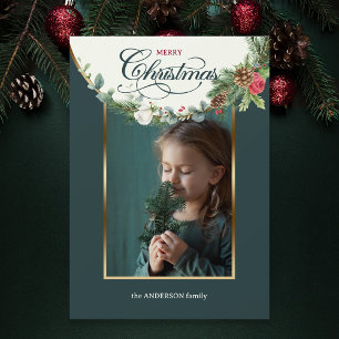 Elegant Merry Christmas Calligraphy Floral Foto Feiertagskarte