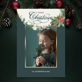 Elegant Merry Christmas Calligraphy Floral Foto Feiertagskarte