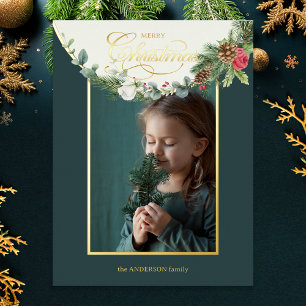 Elegant Merry Christmas Calligraphy Floral Foto Folien Feiertagskarte