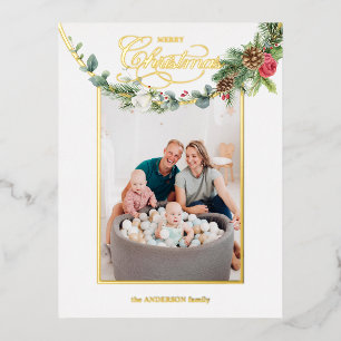 Elegant Merry Christmas Calligraphy Floral Foto Folien Feiertagspostkarte