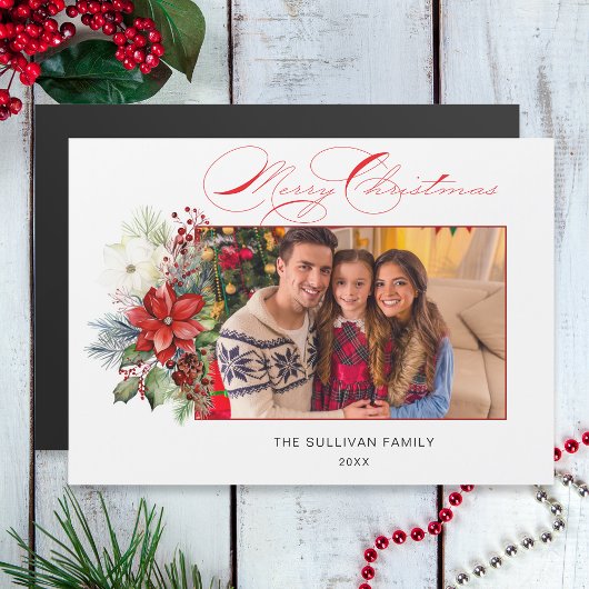 Elegant Merry Christmas Calligraphy Floral Foto Magnetkarte