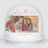 Elegant Merry Christmas Calligraphy Floral Foto Schneekugeln (Vorderseite)