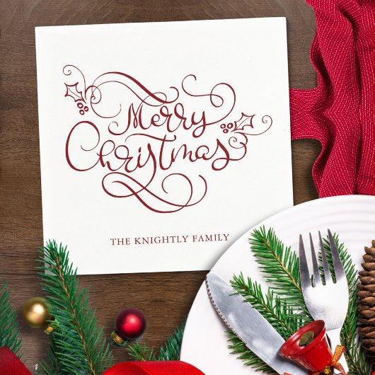 Elegant Merry Christmas Extravagant Script Red Serviette