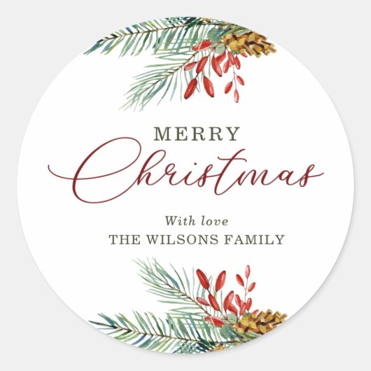 Elegant Merry Christmas Holly Berries Pinecones Runder Aufkleber (Vorderseite)