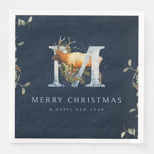 Elegant Merry Christmas Monogram Reindeer Serviette (Vorderseite)
