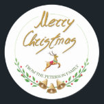 Elegant Merry Christmas Personalisiert Name Sticke Runder Aufkleber<br><div class="desc">Personalisierter Aufkleber Frohe Weihnachten mit Rentieren. Sie können Initialnamen oder Ihren eigenen Text hinzufügen.</div>