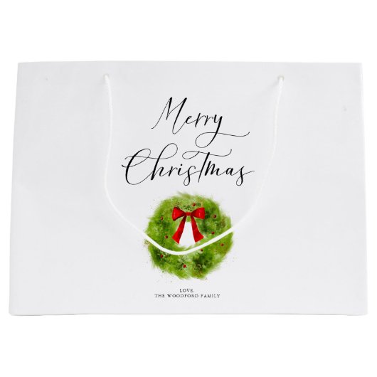 Elegant Merry Christmas Script Green Kreath Große Geschenktüte (Vorderseite)