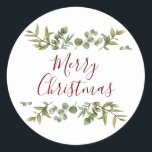 Elegant Merry Christmas Script Greenery Runder Aufkleber<br><div class="desc">Watercolor grüne Rahmen elegante Drehbuch Merry Weihnachtstypografie auf diesen eleganten Urlaubsticker. Entwickelt von Thisisnotme©</div>