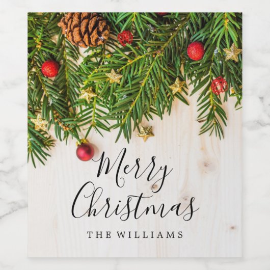 Elegant Merry Christmas Script Rustic Wood Weinetikett (Einzelnes Label)