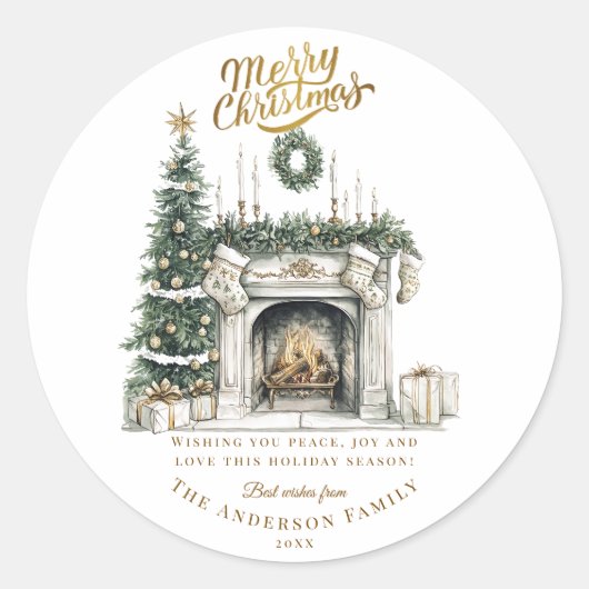 Elegant Merry Christmas Sticker with Fireplace and (Vorderseite)