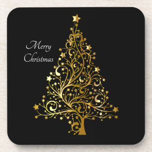 Elegant Merry Christmas Tree Art Gold Black Stars Getränkeuntersetzer