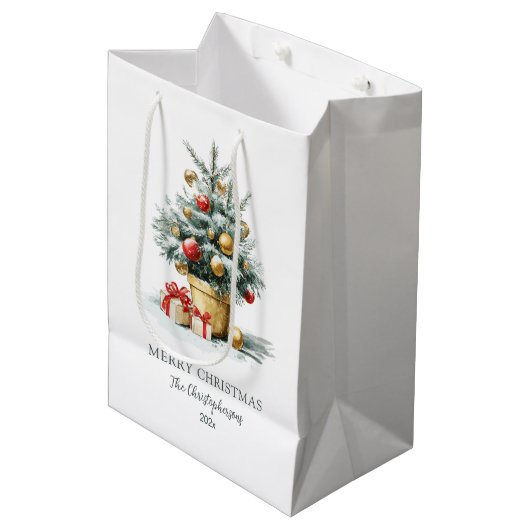Elegant Merry Christmas Tree Gift Bag Mittlere Geschenktüte (Vorderseite Schrägansicht)
