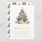 Elegant Merry Christmas Tree Gold Minimalistisch Einladung (Vorne/Hinten)