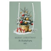Elegant Merry Christmas Tree Sage Green Gift Bag Mittlere Geschenktüte (Rückseite)