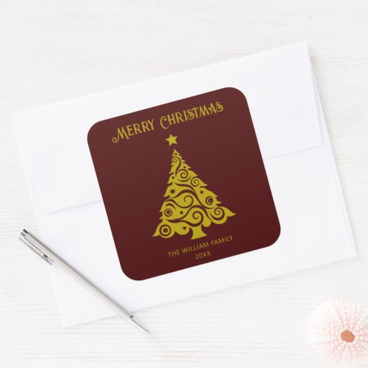 Elegant Merry Christmas Tree Stickers Maroon Red (Umschlag)