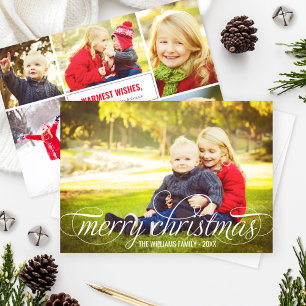 Elegant Merry Christmas White Script Foto Collage Feiertagskarte