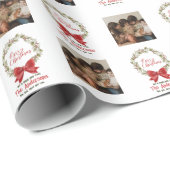Elegant Merry Christmas Wreath Red Bow Foto Geschenkpapier (Rolleneckpunkt)