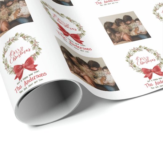 Elegant Merry Christmas Wreath Red Bow Foto Geschenkpapier (Rolleneckpunkt)