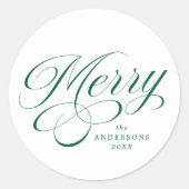 Elegant Merry Green Calligraphy Script Holiday Runder Aufkleber (Vorderseite)