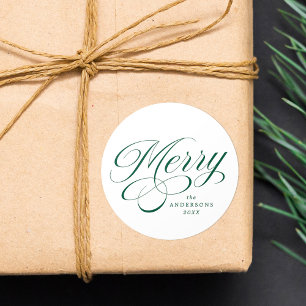 Elegant Merry Green Calligraphy Script Holiday Runder Aufkleber