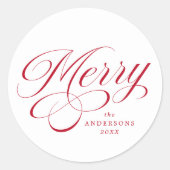 Elegant Merry Red Calligraphy Script Holiday Runder Aufkleber (Vorderseite)