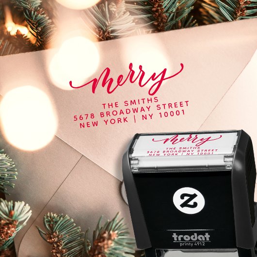 Elegant Merry Script Red Christmas Return Address Permastempel