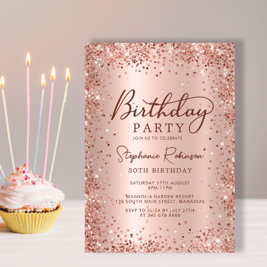 Elegant Metal Rose Gold Glitzer 30. Geburtstag Einladung