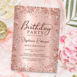 Elegant Metal Rose Gold Glitzer 90. Geburtstag Einladung