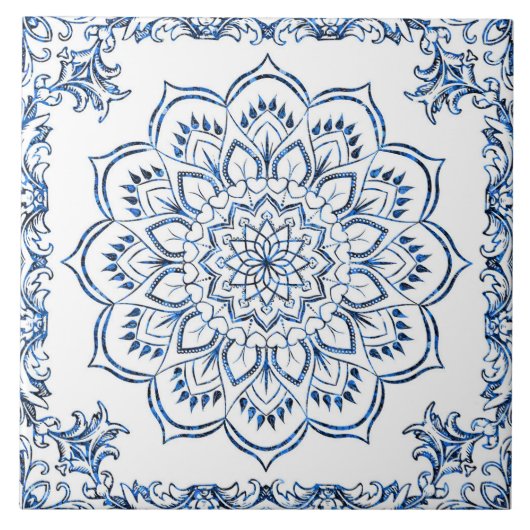 Elegant Metallic Blue Mandala Fliese (Vorderseite)