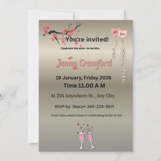 Elegant Metallic Bridal Shower Invitation | Cherry (Vorderseite)