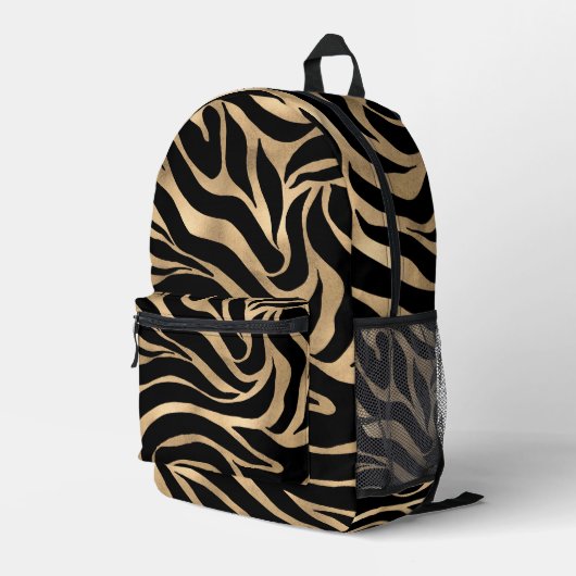 Elegant Metallic Gold Zebra Black Animal Print Bedruckter Rucksack (Rückseitige Ecke Rechts)