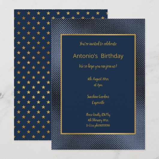 ELEGANT METALLIC NAVY STAR GOLD BIRTHDAY EINLADUNG (Vorne/Hinten)