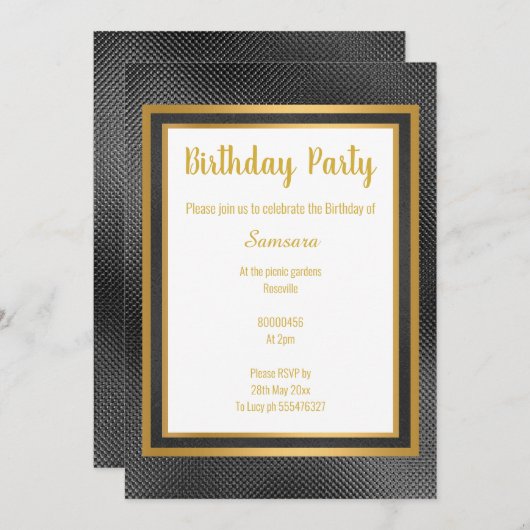 ELEGANT METALLIC SCHWARZ & GOLD EMBOSSED GEBURTSTA EINLADUNG (Vorne/Hinten)