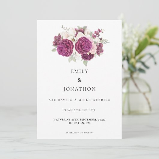 Elegant Micro Wedding Burgundy Florals Sage Green Save The Date (Stehend Vorderseite)