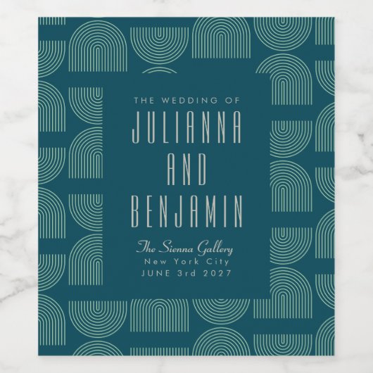 Elegant Mid Mod Arch Aquamarin Blue Custom Wedding Weinetikett (Einzelnes Label)