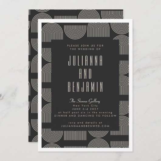 Elegant Mid Mod Arch Lines Schwarz-weiß Wedding Einladung (Vorne/Hinten)