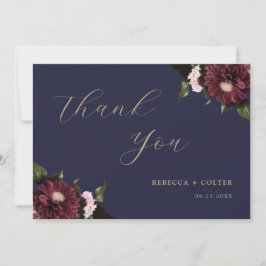 Elegant Midnight Blue Burgundy Floral Wedding Dankeskarte