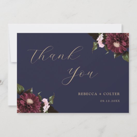 Elegant Midnight Blue Burgundy Floral Wedding Dankeskarte (Vorderseite)