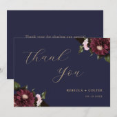 Elegant Midnight Blue Burgundy Floral Wedding Dankeskarte (Vorne/Hinten)