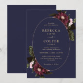 Elegant Midnight Blue Burgundy Floral Wedding Einladung (Vorne/Hinten)