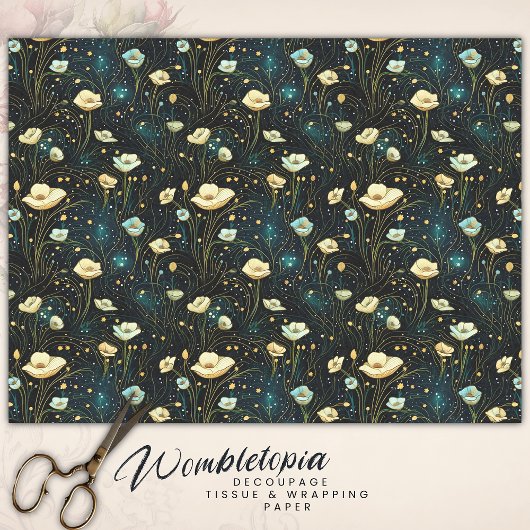 Elegant Midnight Blue Celestial Floral Decoupage Seidenpapier