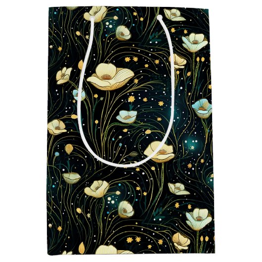 Elegant Midnight Blue Celestial Floral Mittlere Geschenktüte (Vorderseite)