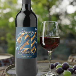 Elegant Midnight Blue & Gold gestreift am 21. Gebu Weinetikett