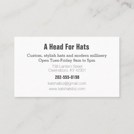 Elegant Millinery Hat Designer Mode Visitenkarte (Rückseite)