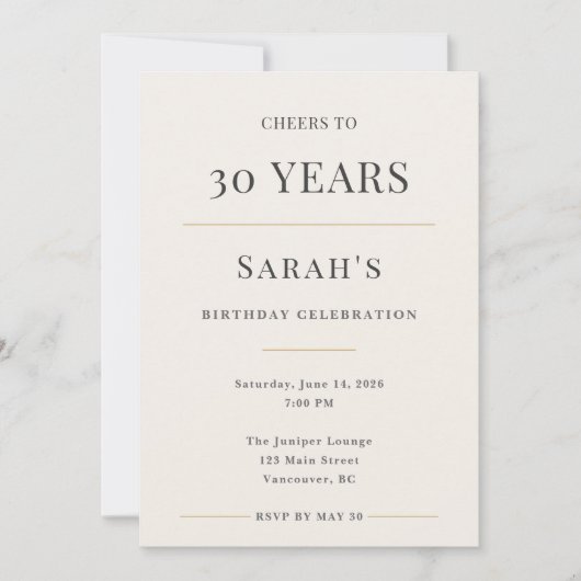 Elegant Minimal 30th Birthday Celebration Einladung (Vorderseite)