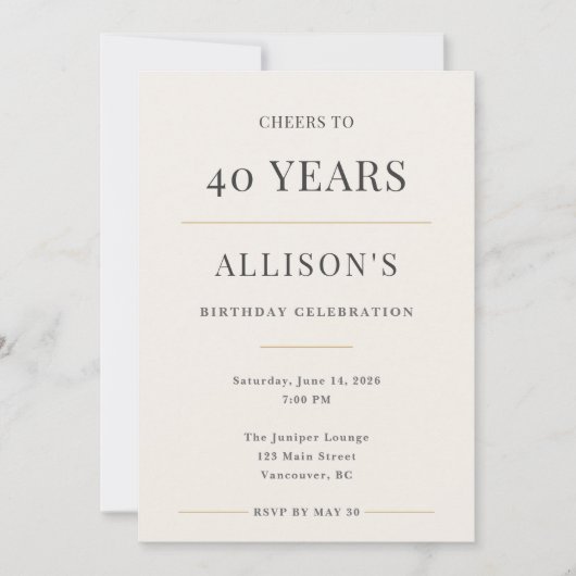 Elegant Minimal 40th Birthday Celebration Einladung (Vorderseite)
