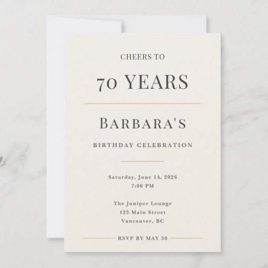 Elegant Minimal 70th Birthday Celebration Einladung (Vorderseite)