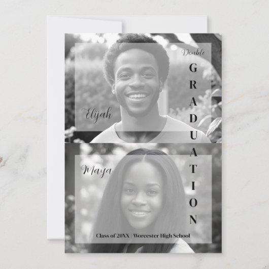 Elegant Minimal Black & White 2 Photos Double Grad Einladung (Vorderseite)