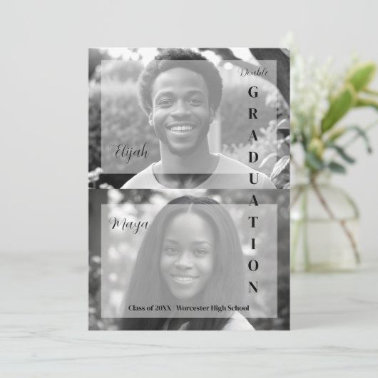 Elegant Minimal Black & White 2 Photos Double Grad Einladung (Stehend Vorderseite)