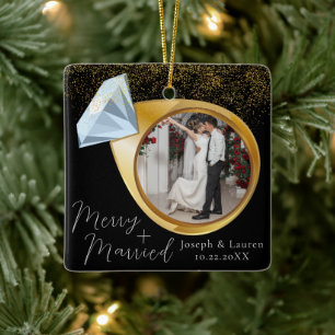 Elegant Minimal Christmas Merry + Verheiratet Keramikornament